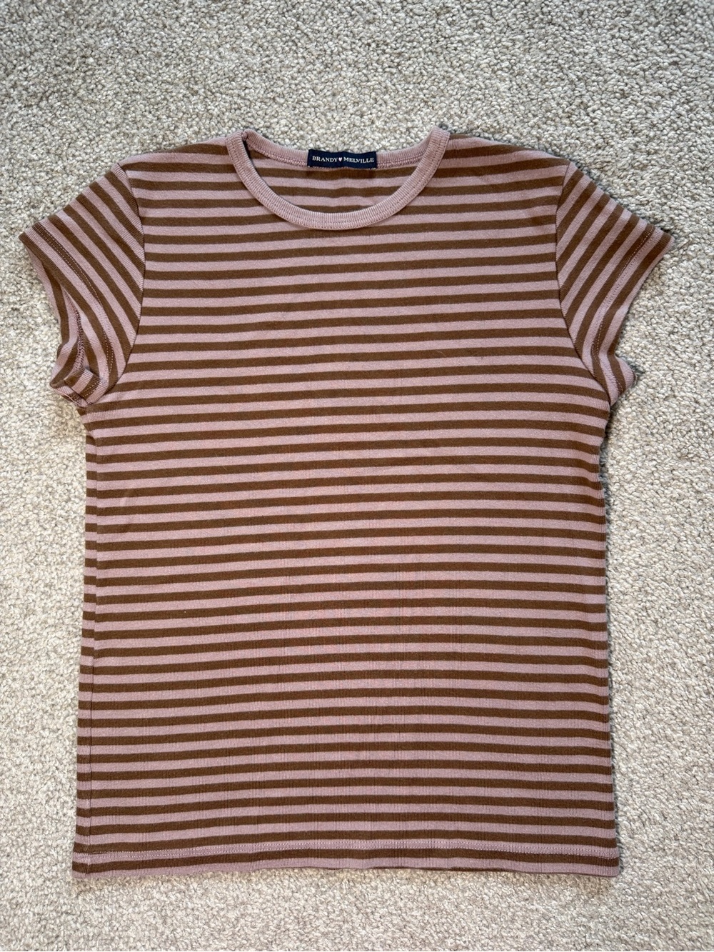 Brandy Melville Pink and Brown Striped Short Sleeve Tee